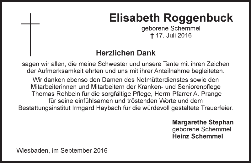  Traueranzeige für Elisabeth Roggenbuck vom 17.09.2016 aus Trauerportal Rhein Main Presse