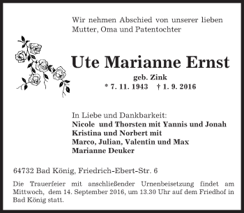 Traueranzeige von Ute Marianne Ernst von Trauerportal Echo Online