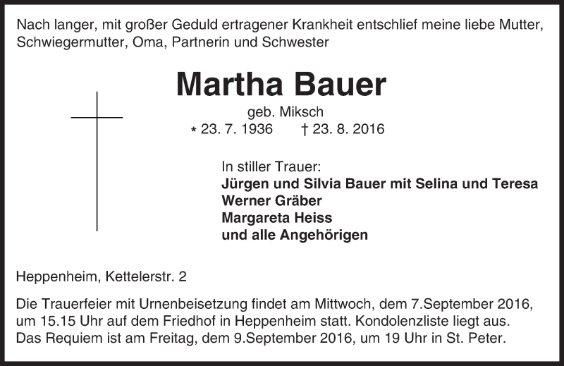  Traueranzeige für Martha Bauer vom 02.09.2016 aus Trauerportal Echo Online
