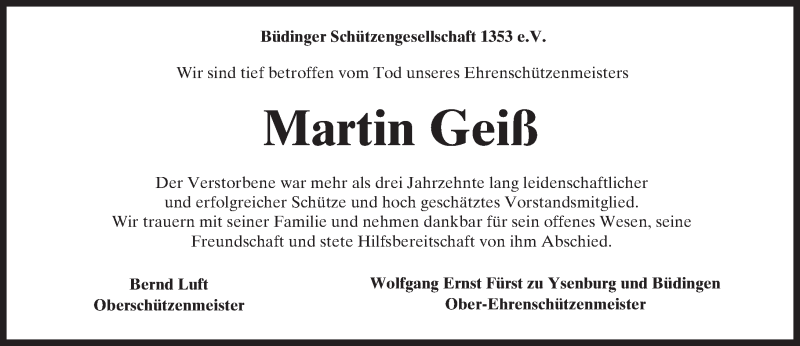  Traueranzeige für Martin Geiß vom 10.09.2016 aus  Kreisanzeiger