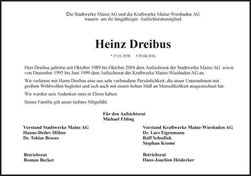  Traueranzeige für Heinz Dreibus vom 02.09.2016 aus Trauerportal Rhein Main Presse