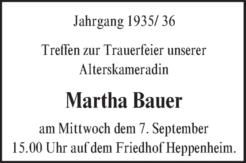  Traueranzeige für Martha Bauer vom 06.09.2016 aus Trauerportal Echo Online