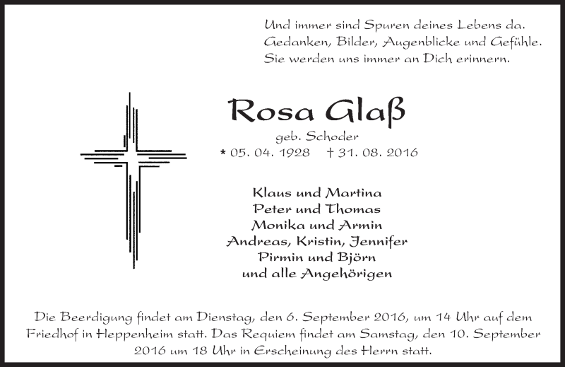  Traueranzeige für Rosa Glaß vom 03.09.2016 aus Trauerportal Echo Online
