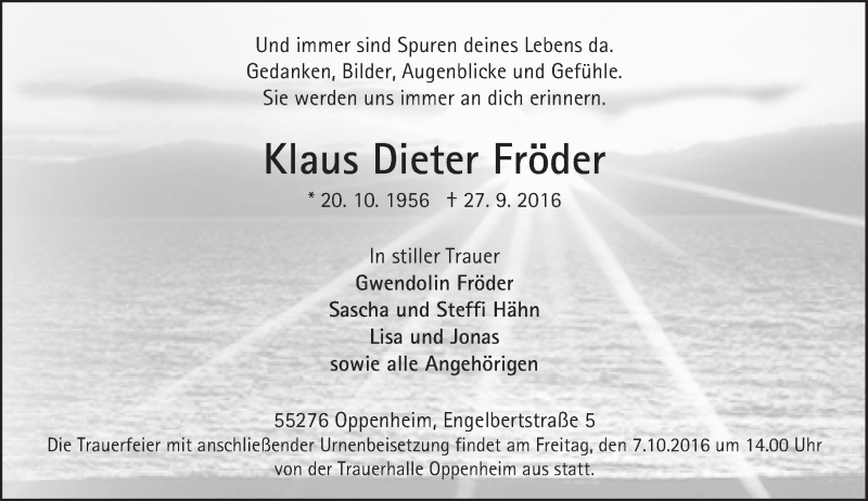  Traueranzeige für Klaus Dieter Fröder vom 01.10.2016 aus Trauerportal Rhein Main Presse