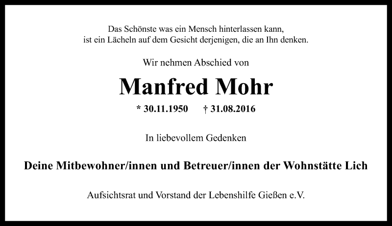  Traueranzeige für Manfred Mohr vom 08.09.2016 aus  Gießener Anzeiger