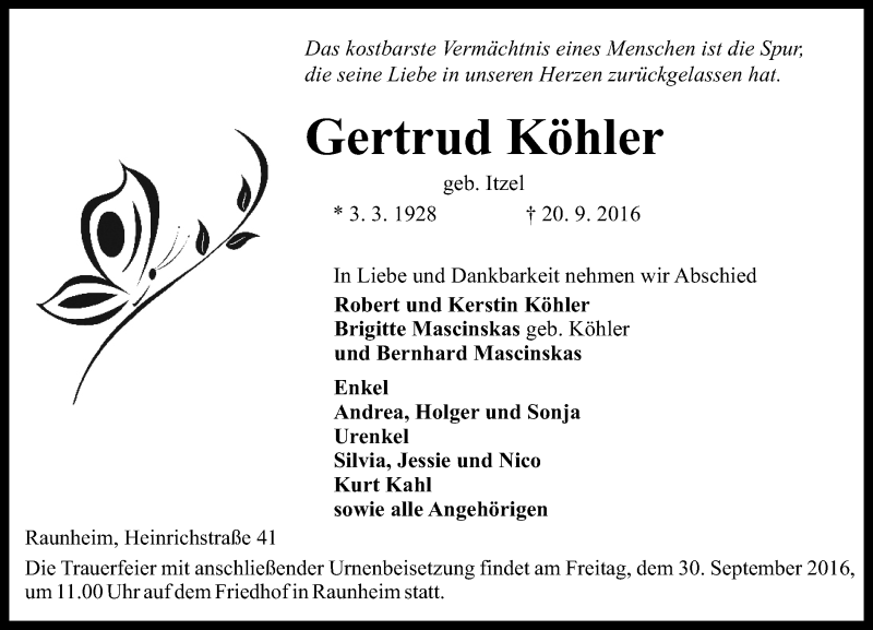  Traueranzeige für Gertrud Köhler vom 24.09.2016 aus Trauerportal Rhein Main Presse