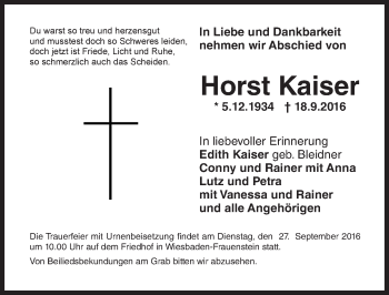 Traueranzeige von Horst Kaiser von Trauerportal Rhein Main Presse