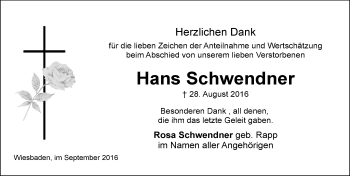 Traueranzeige von Hans Schwendner von Trauerportal Rhein Main Presse