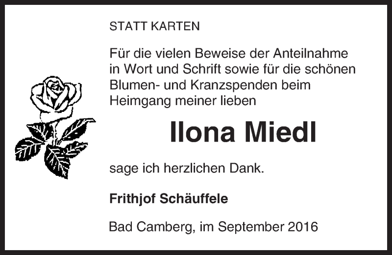  Traueranzeige für Ilona Miedl vom 15.09.2016 aus  Camberger Anzeiger