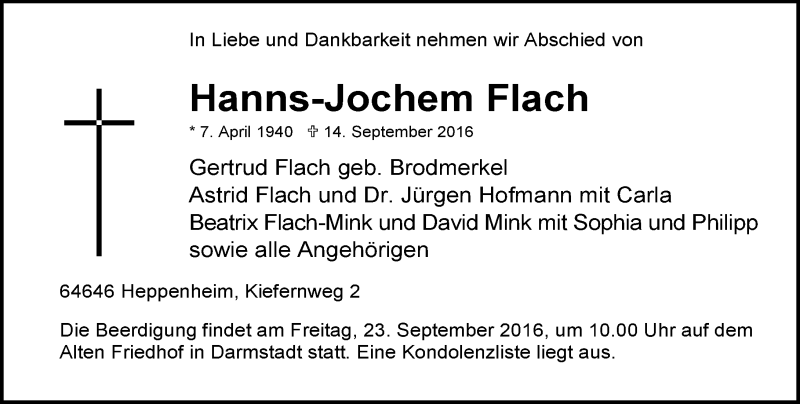  Traueranzeige für Hanns-Jochem Flach vom 20.09.2016 aus Trauerportal Echo Online