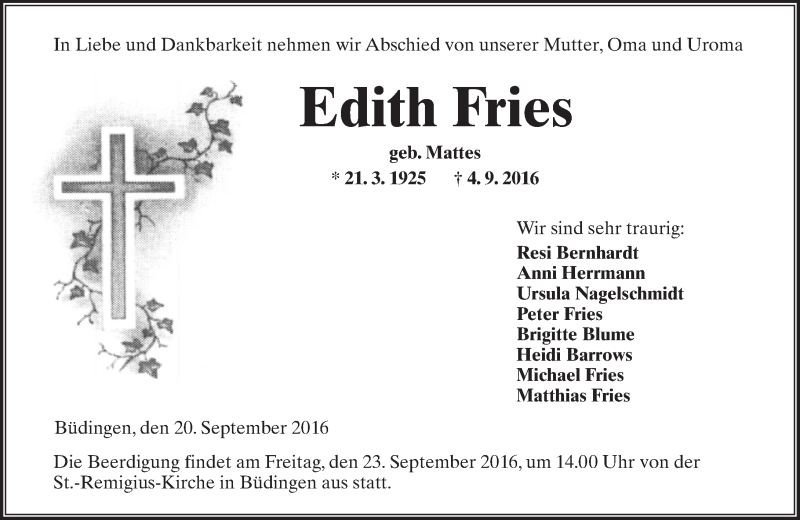  Traueranzeige für Edith Fries vom 20.09.2016 aus  Kreisanzeiger
