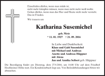 Traueranzeige von Katharina Susemichel von Trauerportal Rhein Main Presse
