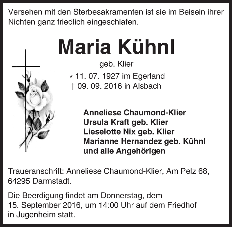  Traueranzeige für Maria Kühnl vom 13.09.2016 aus Trauerportal Echo Online