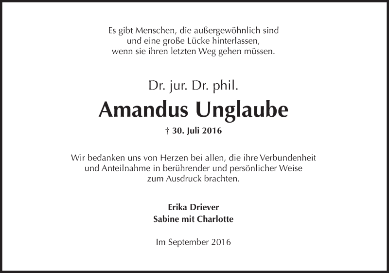  Traueranzeige für Amandus Unglaube vom 10.09.2016 aus Trauerportal Rhein Main Presse
