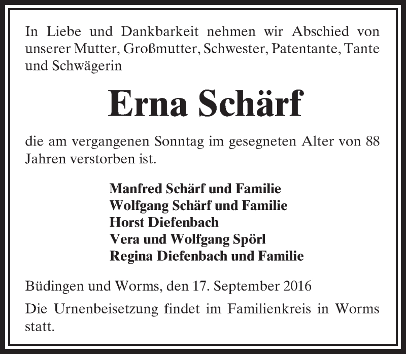  Traueranzeige für Erna Schärf vom 17.09.2016 aus  Kreisanzeiger