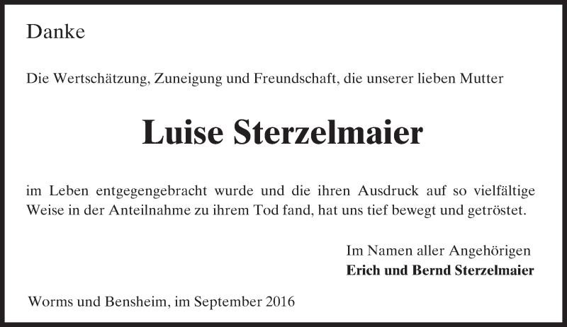  Traueranzeige für Luise Sterzelmaier vom 02.09.2016 aus Trauerportal Echo Online