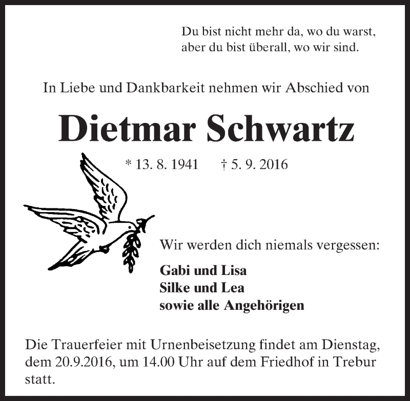  Traueranzeige für Dietmar Schwartz vom 17.09.2016 aus Trauerportal Echo Online
