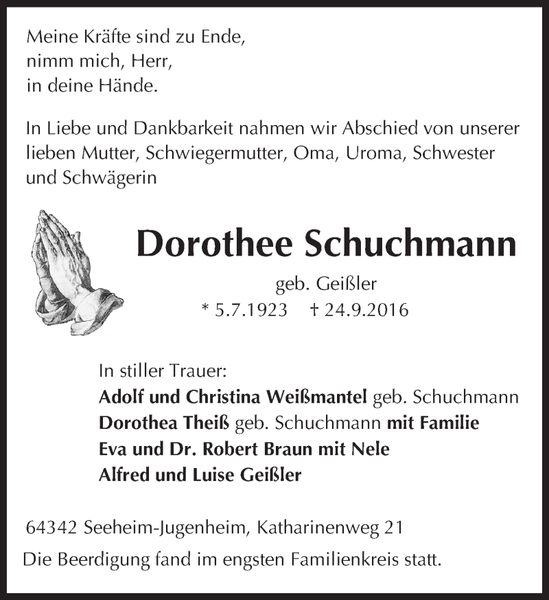  Traueranzeige für Dorothee Schuchmann vom 01.10.2016 aus Trauerportal Echo Online