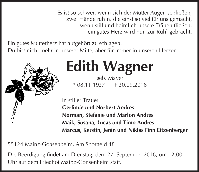  Traueranzeige für Edith Wagner vom 24.09.2016 aus Trauerportal Rhein Main Presse