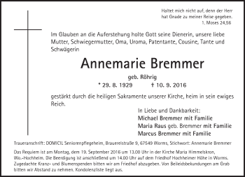 Traueranzeige von Annemarie Bremmer von Trauerportal Rhein Main Presse