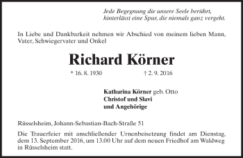 Traueranzeige von Richard Körner von Trauerportal Rhein Main Presse