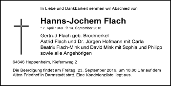 Traueranzeige von Hanns-Jochem Flach von Trauerportal Echo Online