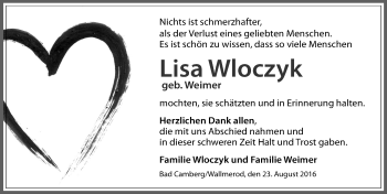 Traueranzeige von Lisa Wloczyk von  Camberger Anzeiger