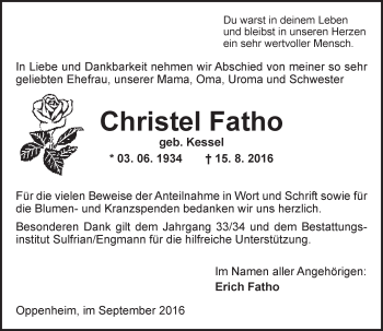 Traueranzeige von Christel Fatho von Trauerportal Rhein Main Presse