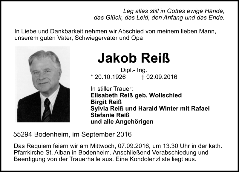  Traueranzeige für Jakob Reiß vom 06.09.2016 aus Trauerportal Rhein Main Presse
