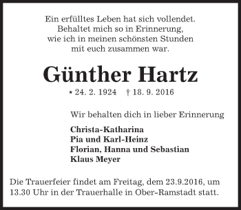 Traueranzeige von Günther Hartz von Trauerportal Echo Online