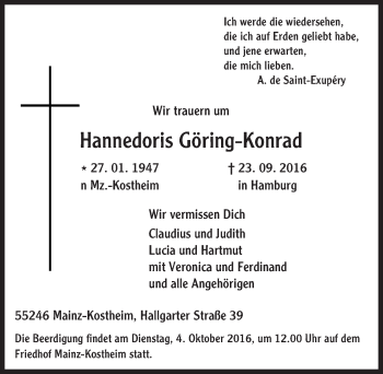 Traueranzeige von Hannedoris Göring-Konrad von Trauerportal Rhein Main Presse