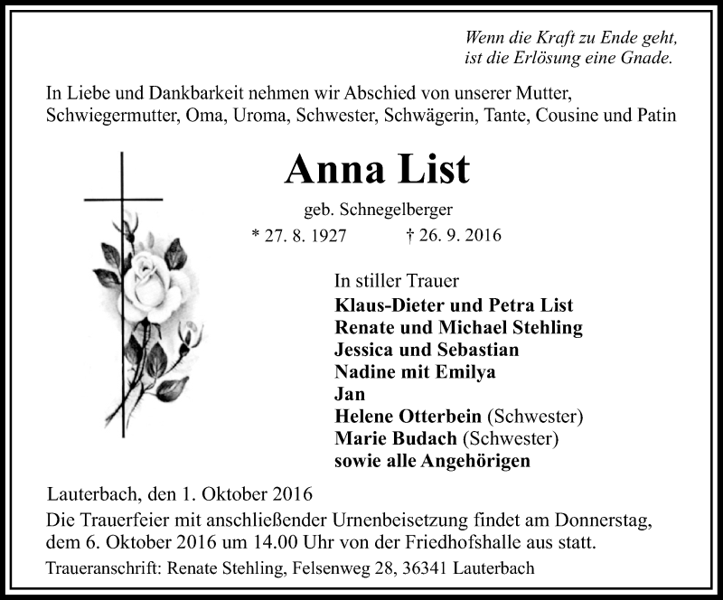  Traueranzeige für Anna List vom 01.10.2016 aus VRM Trauer