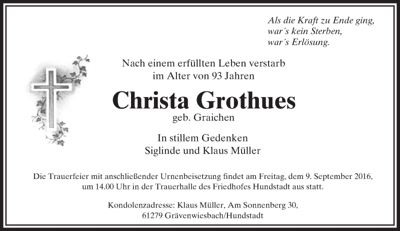  Traueranzeige für Christa Grothues vom 06.09.2016 aus  Usinger Anzeiger
