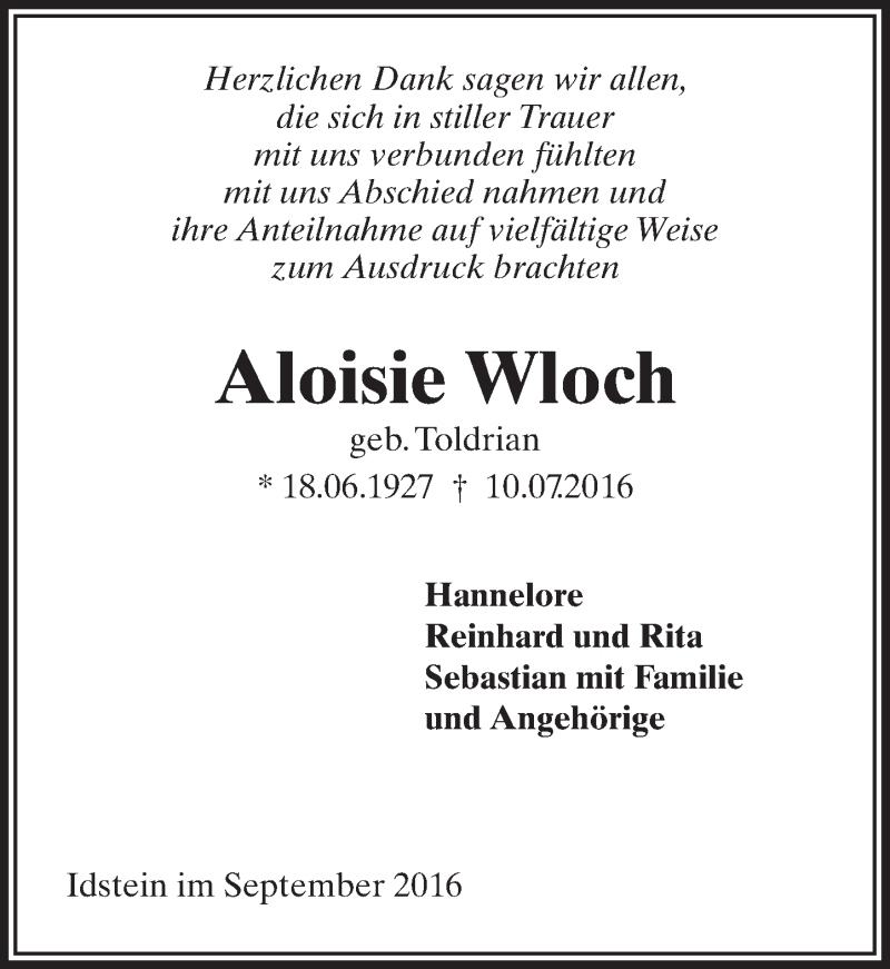  Traueranzeige für Aloisie Wloch vom 10.09.2016 aus Trauerportal Rhein Main Presse