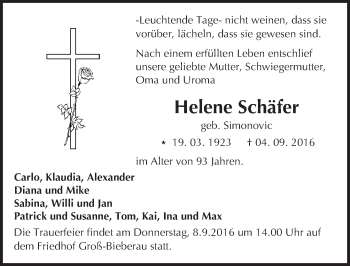 Traueranzeige von Helene Schäfer von Trauerportal Echo Online