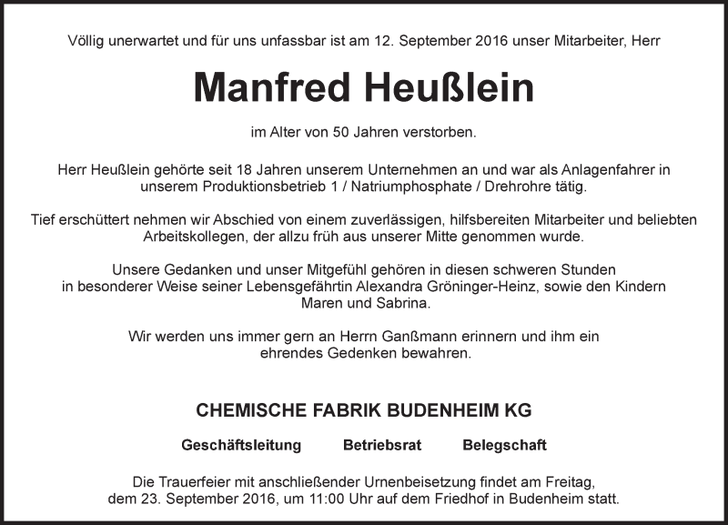  Traueranzeige für Manfred Heußlein vom 17.09.2016 aus Trauerportal Rhein Main Presse