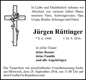 Traueranzeige von Jürgen Rüttinger von Trauerportal Rhein Main Presse