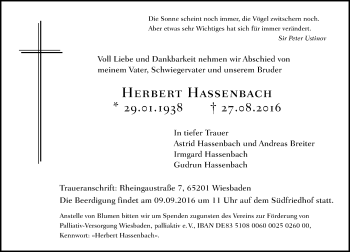 Traueranzeige von Herbert Hassenbach von Trauerportal Rhein Main Presse