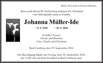Traueranzeige von Johanna Müller-Ide von  Camberger Anzeiger