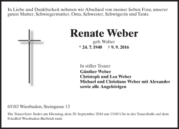 Traueranzeige von Renate Weber von Trauerportal Rhein Main Presse