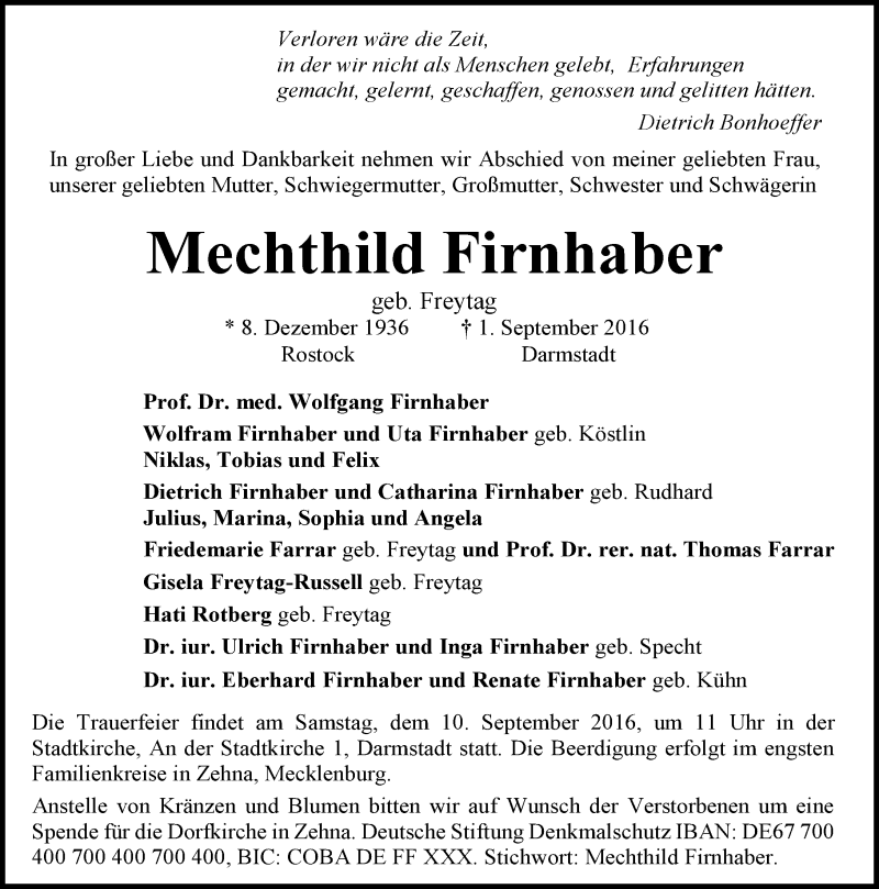  Traueranzeige für Mechthild Firnhaber vom 03.09.2016 aus Trauerportal Echo Online