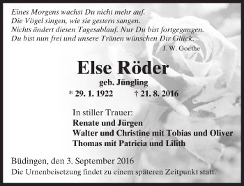 Traueranzeige von Else Röder von  Kreisanzeiger