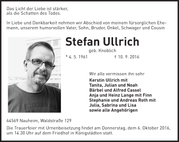 Traueranzeige von Stefan Ullrich von Trauerportal Rhein Main Presse