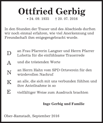 Traueranzeige von Ottfried Gerbig von Trauerportal Echo Online