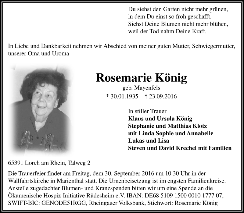  Traueranzeige für Rosemarie König vom 28.09.2016 aus Trauerportal Rhein Main Presse