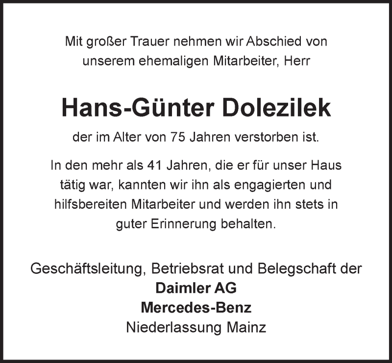  Traueranzeige für Hans-Günter Dolezilek vom 24.09.2016 aus Trauerportal Rhein Main Presse