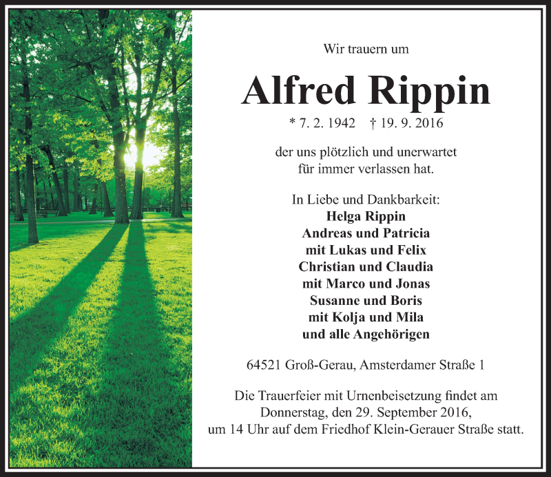  Traueranzeige für Alfred Rippin vom 26.09.2016 aus Trauerportal Echo Online