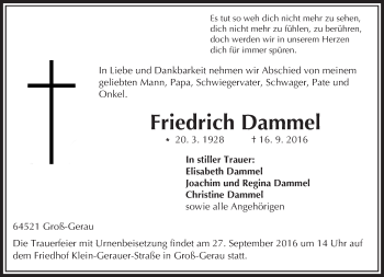 Traueranzeige von Friedrich Dammel von Trauerportal Echo Online