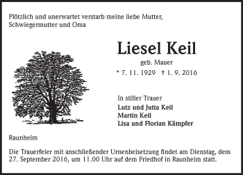 Traueranzeige von Liesel Keil von Trauerportal Rhein Main Presse
