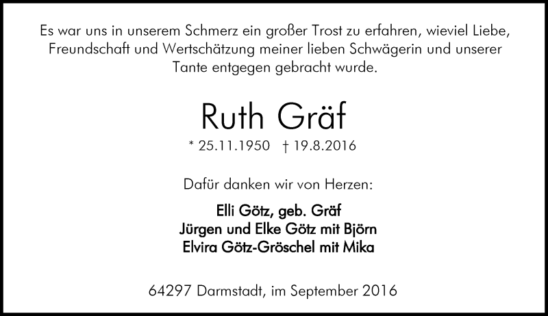  Traueranzeige für Ruth Gräf vom 24.09.2016 aus Trauerportal Echo Online